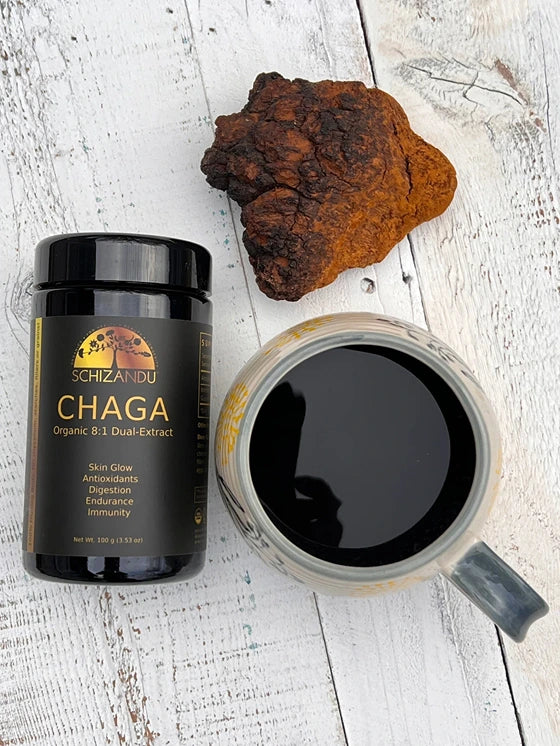 Chaga organic 8 by 1 dual extract with its prepared drink next to it, Schizandu