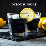 Two glasses of detox drink with lemon slices and ice cubes on a dark surface, with 'Detox Support' text above.