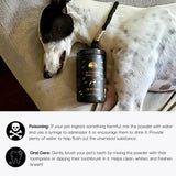 Dog holding a container of Activated Charcoal for pets with text about its uses.