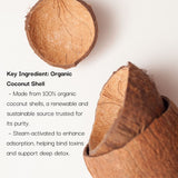 Two halves of an organic coconut shell on a white background with text about its properties.