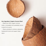Close-up of organic coconut shells with text about their use as a key ingredient.