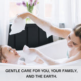 Woman and chil in a bubble bath with a text "gentle care for you, your family and the arth, schizandu.