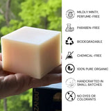 Hand holding a bar of soap with Zandu branding, surrounded by greenery.