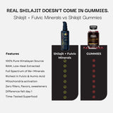 Comparison chart between Shilajit + Fulvic Minerals and Shilajit Gummies on a black background.