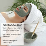 Person receiving a clay facial treatment with text about pure natural clay.