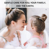 Woman and child in a bubble bath with text about gentle care.