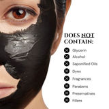 Woman with a black facial mask on her face, with a list of ingredients she does not contain.