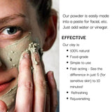Person applying a clay mask with text about the product's effectiveness and features.