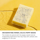 Bar of soap with poppy seeds on a yellow background