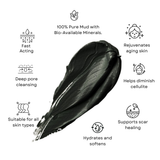 Black mud with benefits listed on a white background