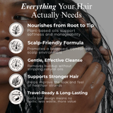 Product advertisement for hair care with text and icons about benefits of the product.