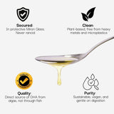 Spoon with oil dripping, surrounded by icons and text about product attributes on a white background