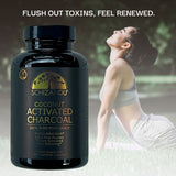 Schizandu coconut activated charcoal supplement bottle with a woman exercising outdoors.
