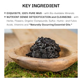 Wooden bowl with black mud on a natural background, featuring text about mud's properties.