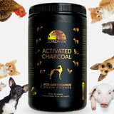 Black container of Schizandu Activated Charcoal for greyhounds and their friends with animal illustrations on a white background.