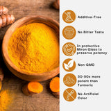 Turmeric powder in a wooden bowl with health benefits listed on the right.