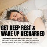 Man sleeping in bed with text about triterpenes, beta-glucans, and Reishi promoting deep rest and rejuvenation.