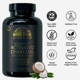 Schizandu coconut activated charcoal supplement bottle with product details on a white background