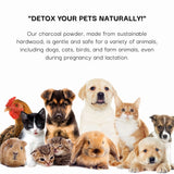Group of dogs, cats, birds, and a rabbit with text about detoxing pets naturally using charcoal powder.