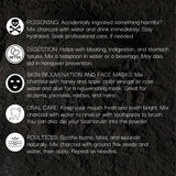 Black background with white text and icons detailing uses of charcoal, including detox, digestion, skin care, oral care, and poultices.
