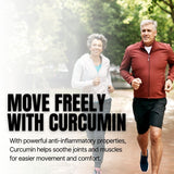 Two people running outdoors with text about curcumin's benefits.
