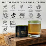 Shilajit resin product with benefits listed on a wooden background