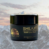 Live RAW Shilajit Resin supplement jar in front of Himalayan mountains