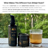 Schizandu Shilajit resin product with a glass of liquid on a wooden surface with a green forest background.