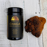 A bottle of SCHIZANDU CHAGA Organic 8:1 Dual-Extract next to a piece of chaga mushroom on a wooden surface.