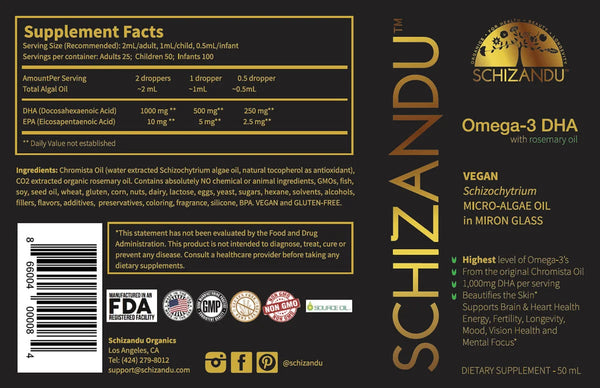 Supplement facts of Omega 3 DHA with rosemary oil drops dietary supplement, Schizandu