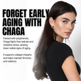 Woman with long dark hair wearing a black top, with text about Chaga's benefits for aging on a white background.
