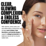 Advertisement for a skincare product with a woman touching her face, text about benefits, and a white background.