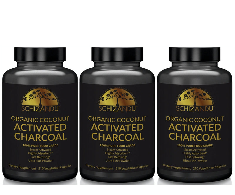 Three Organic Coconut Activated Charcoal Capsules Packages, Schizandu