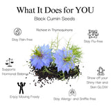 Black cumin seeds with blue flowers and text highlighting benefits on a white background