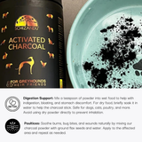 Schizandu Activated Charcoal for greyhounds with a bowl of activated charcoal powder.