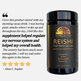 Schizandu Reishi supplement bottle with customer review on a white background
