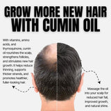 Advertisement for cumin oil to grow new hair, showing a split head with treated and untreated sides.