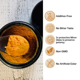 Turmeric powder in a black container with health benefits listed on the right.