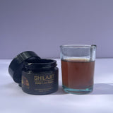 Glass jar of Live Raw Shilajit Resin by Schizandu Organics, pure Himalayan supplement for strength and vitality