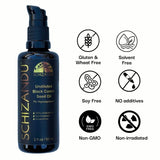 Bottle of Schizandu undiluted black cumin seed oil with certification icons on a white background