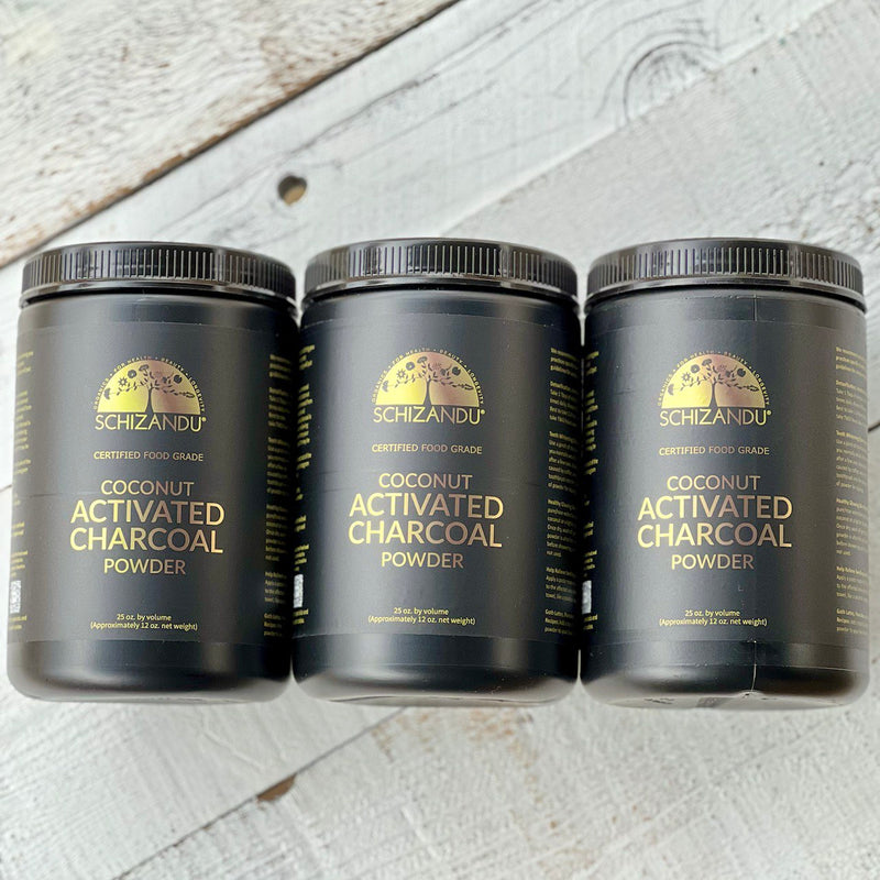 Schizandu Activated Charcoal – Bundle of 3 x 25 oz jars, high-quality coconut charcoal, food-grade certified for holistic health, beauty, and wellness.