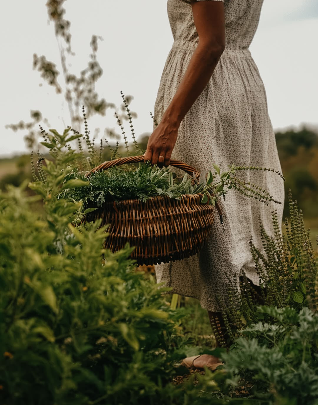 A woman in a light beige patterned dress stands in a lush green field, holding a woven wicker basket filled with leafy greens.