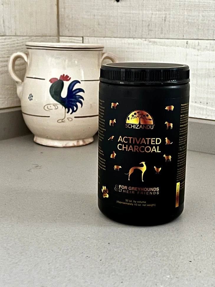 Activated Charcoal for greyhounds and their friends on a kitchen counter, Schizandu