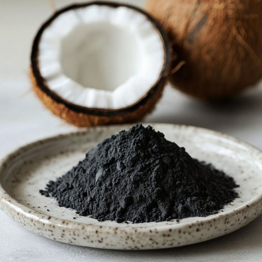 Black powder on a speckled ceramic plate with a coconut in the background