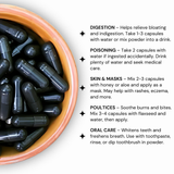 Bowl filled with black capsules on a white background with text about capsule uses.