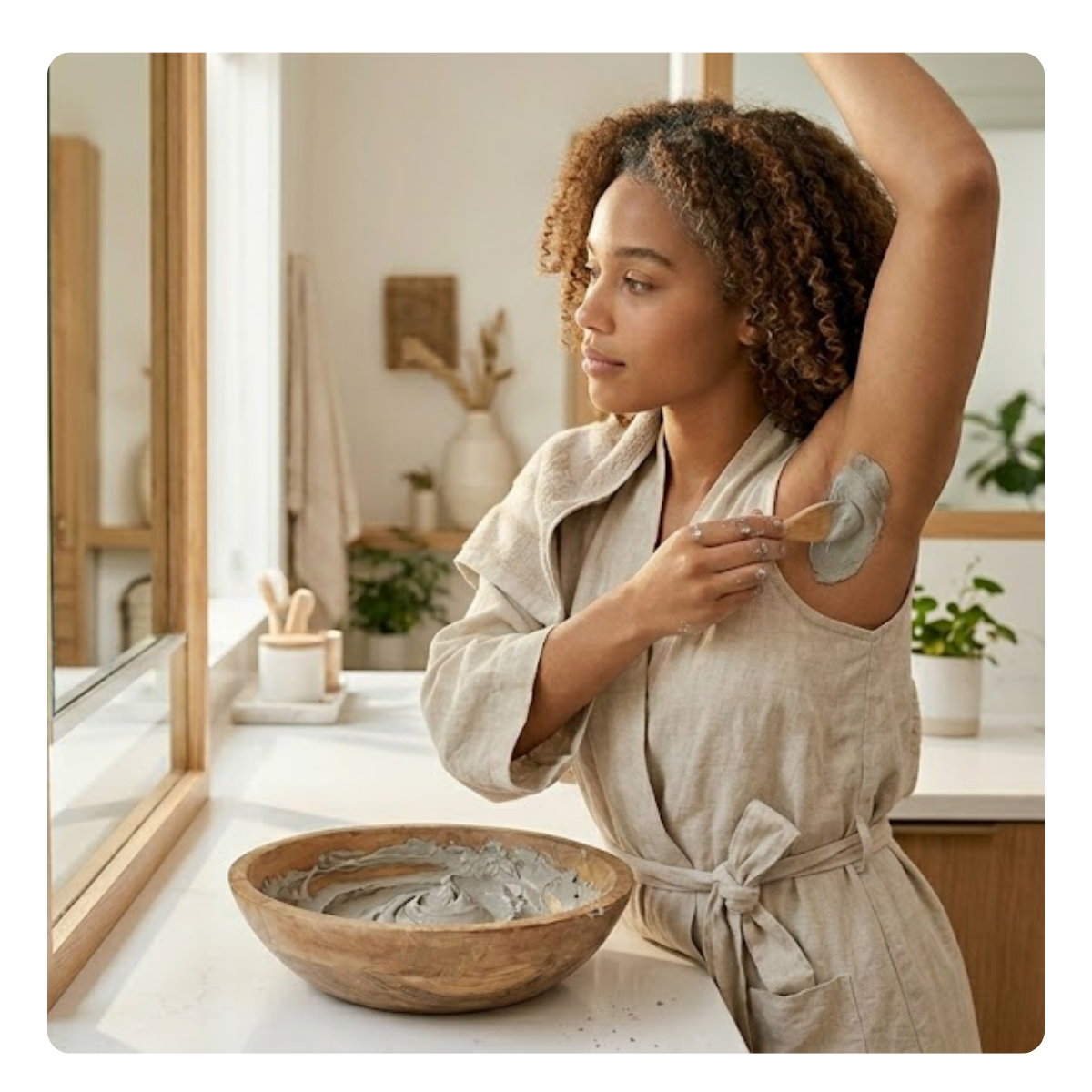 Woman applying a natural skincare product to her arm in a bathroom setting.