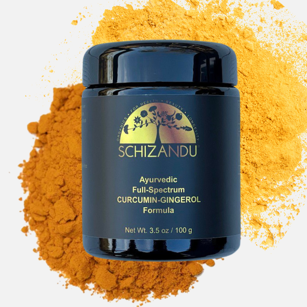Schizandu Ayurvedic Full-Spectrum Curcumin-Gingerol Formula on a yellow powder background