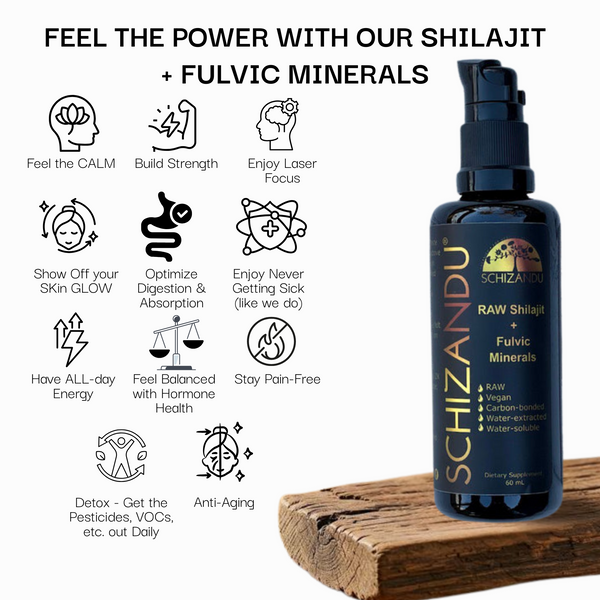 Schizandu Shilajit bottle with benefits listed on a white background