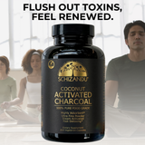 Schizandu coconut activated charcoal supplement bottle with people in the background.
