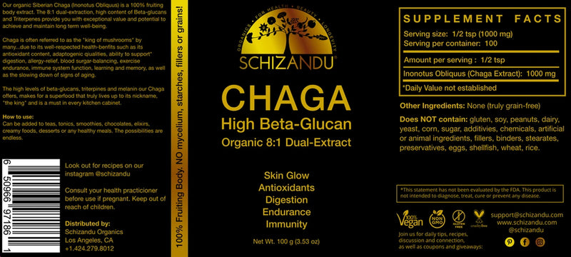 Chaga organic 8 by 1 dual extract supplement facts, Schizandu